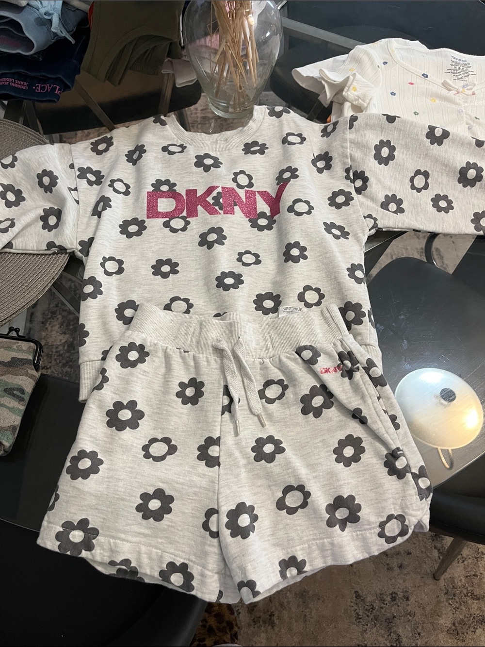 DKNY Heather Gray Floral Sweatshirt & Shorts Set with Pink Logo